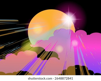 Vector illustration in trendy flat and neon style: bright sun with a star flare, colorful gradient clouds in pink, purple, yellow, and dynamic rays on a black background. Popular for bold digital art.