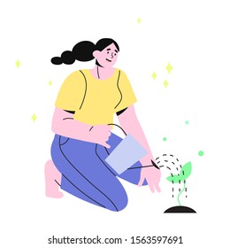 Vector illustration in a trendy flat and outline style of a young business or self-employed entrepreneur woman watering and growing a plant. Abstract metaphore of a small business growth, startup.