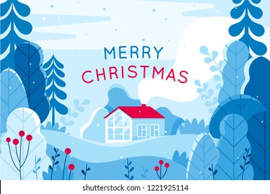 Vector illustration in trendy flat simple style - Merry  Christmas and Happy New Year greeting card and banner - winter landscape with house 