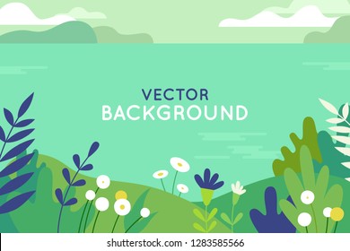 Vector Illustration In Trendy Flat Simple Style - Spring And Summer Background With Copy Space For Text - Landscape With Plants, Leaves, Flowers - Background For Banner, Greeting Card, Poster