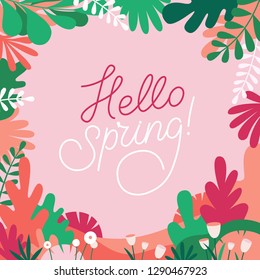 Vector illustration in trendy flat simple style - background with copy space for text - plants, leaves, trees - background for banner, greeting card, poster, advertising - hand-lettering hello spring