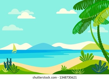 Vector illustration in trendy flat simple style - tropical background with copy space for text - landscape with beach, palm trees, plants  - background for banner, greeting card, poster 