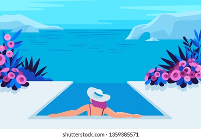 Vector illustration in trendy flat and simple style -  summer landscape and woman enjoying vacation - background for banner, greeting card, poster and advertising 