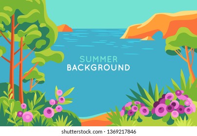 Vector illustration in trendy flat and simple style - background with copy space for text - summer landscape - background for banner, greeting card, poster and advertising - summer vacation concept 