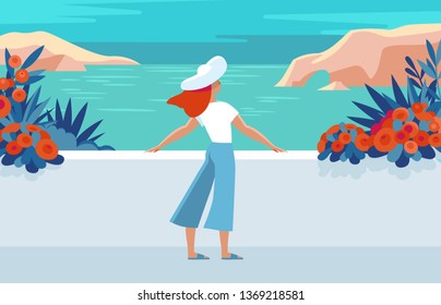 Vector illustration in trendy flat and simple style -  summer landscape and woman enjoying vacation - background for banner, greeting card, poster and advertising 