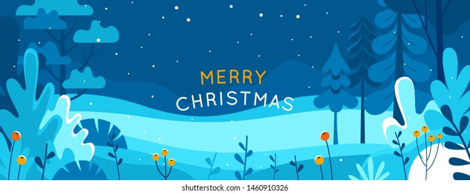 Vector illustration in trendy flat simple style - Merry  Christmas and Happy New Year greeting card and banner - winter landscape