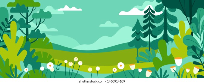 Vector illustration in trendy flat simple style - spring and summer background with copy space for text - landscape with plants, leaves, flowers - background for banner, greeting card, poster and adve