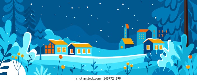 Vector illustration in trendy flat simple style - Merry  Christmas and Happy New Year greeting card and banner - winter landscape with houses