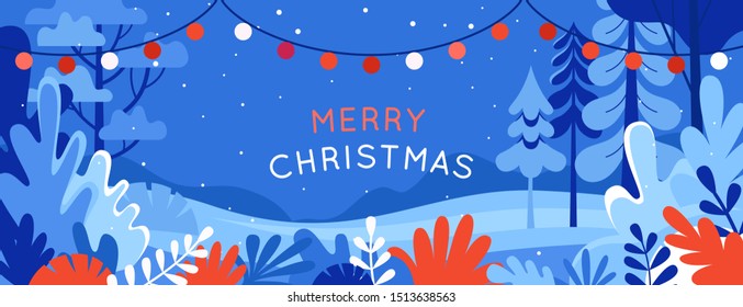 Vector Illustration In Trendy Flat Simple Style - Merry  Christmas And Happy New Year Greeting Card And Banner - Winter Landscape With Garland 
