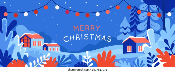Vector illustration in trendy flat simple style - Merry  Christmas and Happy New Year greeting card and banner - winter landscape with garland 