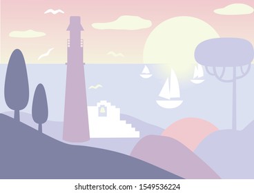 Vector illustration in trendy flat simple style - Mediterranean landscape with lighthouse, trees, boats, clouds, hills, seagulls and sunrise - background for banner, greeting card, poster. EPS10
