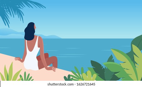 Vector illustration in trendy flat and simple style -  summer landscape and woman enjoying vacation - background for banner, greeting card, poster and advertising 