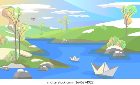Vector illustration in trendy flat simple style - spring and summer background with trees, meadows, river, paper boats, singing birds, blue sky and clouds, background for banner, card, poster and adve