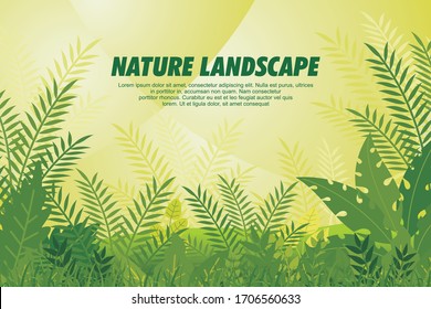 Vector illustration in trendy flat simple style. tropical summer plants, leaves and nature landscape with large copy space for text.