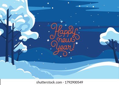 Vector illustration in trendy flat simple style - Merry  Christmas and Happy New Year greeting card and banner - winter landscape 