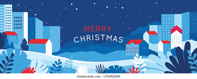 Vector illustration in trendy flat simple style - Merry  Christmas and Happy New Year greeting card and banner - winter landscape 