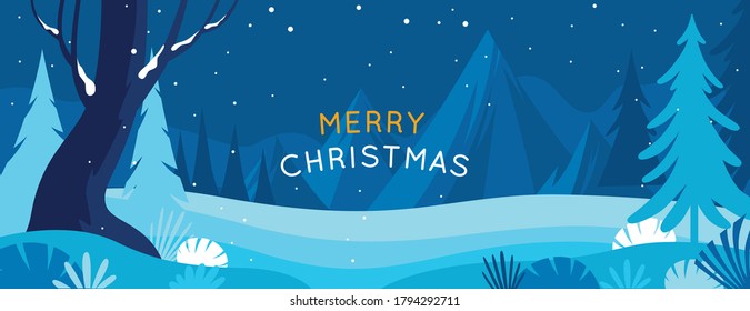 Vector illustration in trendy flat simple style - Merry  Christmas and Happy New Year greeting card and banner - winter landscape 