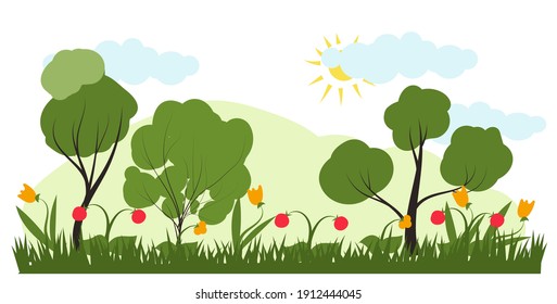 Vector illustration in trendy flat simple style - spring and summer landscape with plants, leaves, flowers - background for banner, greeting card or poster