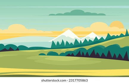 Vector illustration in trendy flat simple style - spring and summer background with copy space for text - landscape with plants, leaves, flowers - background for banner, greeting card, poster