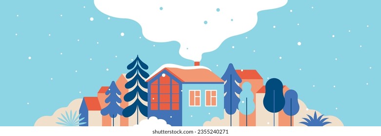 Vector illustration in trendy flat simple style - Happy Holidays - Merry  Christmas and Happy New Year greeting card and banner - winter landscape with houses and hand-lettering phrase