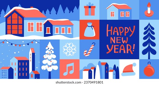 Vector illustration in trendy flat simple style - Merry  Christmas and Happy New Year greeting card and banner - winter landscape with house, happy holidays hand lettering