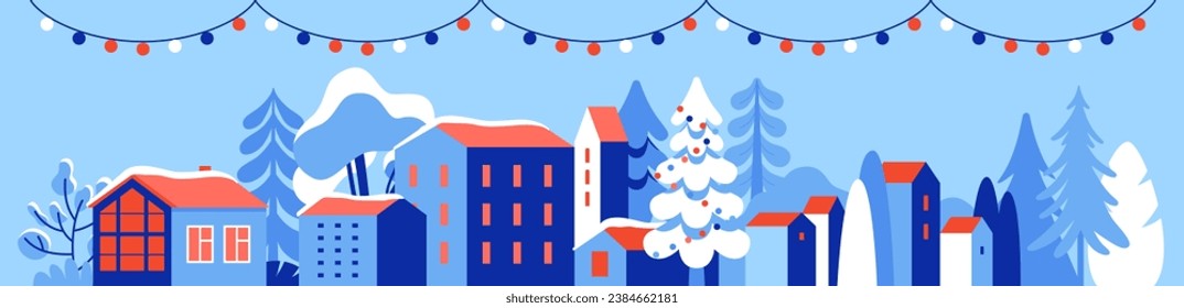 Vector illustration in trendy flat simple style - Merry  Christmas and Happy New Year greeting card and banner - winter landscape with house, happy holidays hand lettering