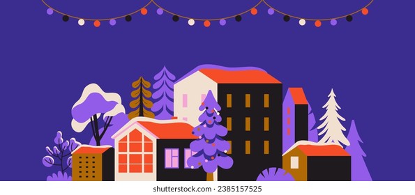 Vector illustration in trendy flat simple style - Merry  Christmas and Happy New Year greeting card and banner - winter landscape with house, happy holidays