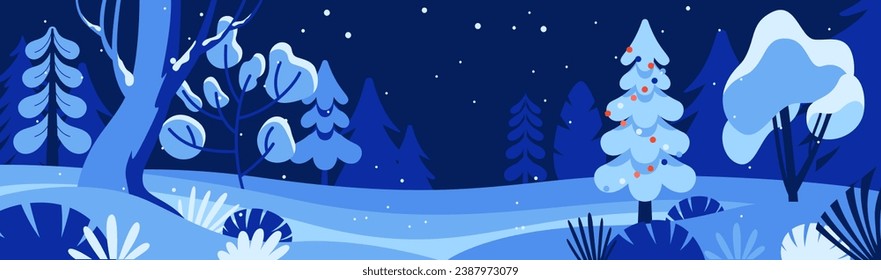 Vector illustration in trendy flat simple style - Merry  Christmas and Happy New Year greeting card and banner - winter landscape with trees