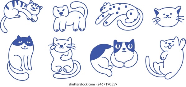 Vector illustration in trendy flat simple linear style, cats and pets,  funny mascots and cartoon characters, friendly stickers and badge for advertising, social media 