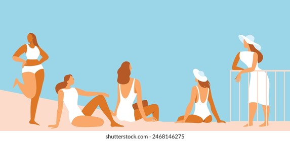 Vector illustration in trendy flat and simple style -  summer landscape and woman enjoying vacation - background for banner, greeting card, poster and advertising 
