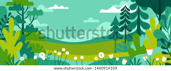 トレンディな平らなシンプルなスタイルのベクターイラスト 春と夏の背景にテキスト用のコピースペース 風景 植物 葉 花 のベクター画像素材 ロイヤリティフリー