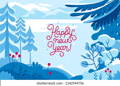 Vector illustration in trendy flat  style - background with copy space for text - winter landscape - background for banner, greeting card, poster and advertising- happy new year and Christmas holidays