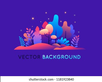 Vector illustration in trendy flat style and bright vibrant gradient colors - background with copy space for text - plants, leaves, trees and sky - background for banner, greeting card - magic forest