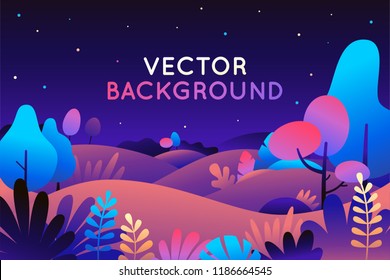 Vector illustration in trendy flat style and bright vibrant gradient colors - background with copy space for text - plants, leaves, trees and sky - background for banner, greeting card, poster 