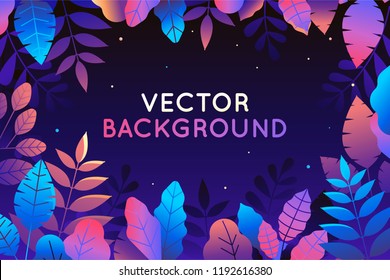 Vector illustration in trendy flat style   bright vibrant gradient colors    background and copy space for text    plants  leaves  trees   sky    background for banner  greeting card