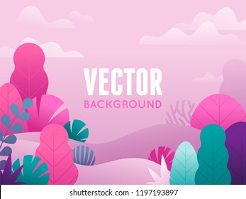 Vector illustration in trendy flat style and bright vibrant gradient colors - background with copy space for text - plants, leaves, trees and sky - background for banners, packaging, posters