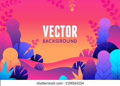 Vector illustration in trendy flat style and bright vibrant gradient colors - background with copy space for text - plants, leaves, trees and sky - background for banners, packaging, posters