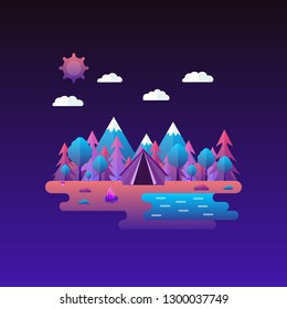 Vector illustration in trendy flat style and bright vibrant gradient colors. Beautiful forest scene. Tent, mushrooms, trees, stones, campfire, mountains, forest and water. Background for banner