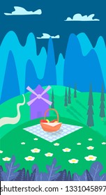 Vector illustration in trendy flat style - background with copy space for text - night landscape - mill, picnic, chamomile, mountains - background for banner, greeting card, poster and advertising.