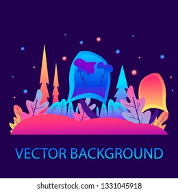 Vector illustration in trendy flat style and bright vibrant gradient colors - background with copy space for text - plants, leaves, trees and sky - background for banner, greeting card - magic forest.
