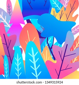 Vector illustration in trendy flat style and bright vibrant gradient colors - background with copy space for text - plants, leaves, trees and sky - background for banners, packaging, posters.