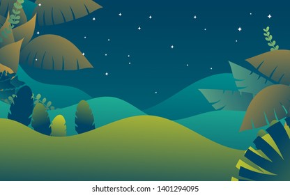 Vector illustration in trendy flat style and bright vibrant gradient colors - background with copy space for text - plants, leaves, trees and sky - background for banner, greeting card