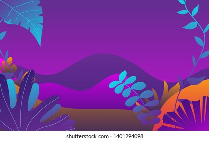 Vector illustration in trendy flat style and bright vibrant gradient colors - background with copy space for text - plants, leaves, trees and sky - background for banner, greeting card