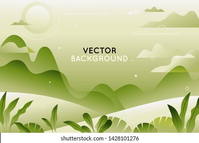 Vector illustration in trendy flat style   bright vibrant gradient colors    background and copy space for text    landscape and mountains  hills   plants    background for banner  greeting card  p