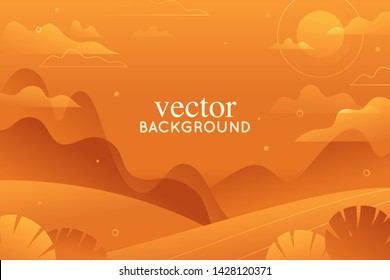 Vector illustration in trendy flat style and bright vibrant gradient colors - background with copy space for text - landscape with mountains, hills and plants - background for banner, greeting card, p