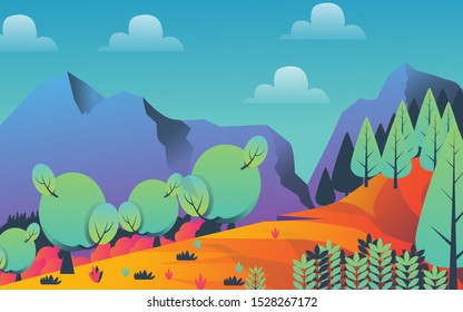 Vector illustration in trendy flat style and bright vibrant gradient colors - background with copy space for text - plants  leaves  trees and sky - background for banner  greeting card