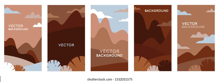 Vector illustration in trendy flat style and with copy space for text - landscape with mountains and hills- vertical banners, backgrounds and wallpapers for social media stories, banners