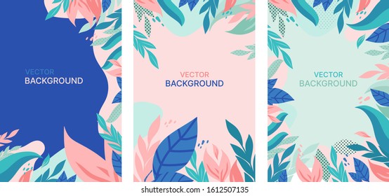 Vector Illustration in Trendy Flat Style and Bright Vibrant Colors - Background with Copy Space for Text - Plants, Leaves, Trees and Sky - Background for Banner, Greeting Card, Poster