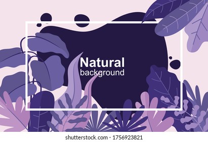 Vector illustration in trendy flat style and bright vibrant gradient colors - background with copy space for text - plants, leaves, trees and sky - background for banner, greeting card, poster 