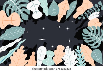 Vector illustration in trendy flat style and bright vibrant gradient colors - background with copy space for text - plants, leaves, trees and sky - background for banner, greeting card, poster 